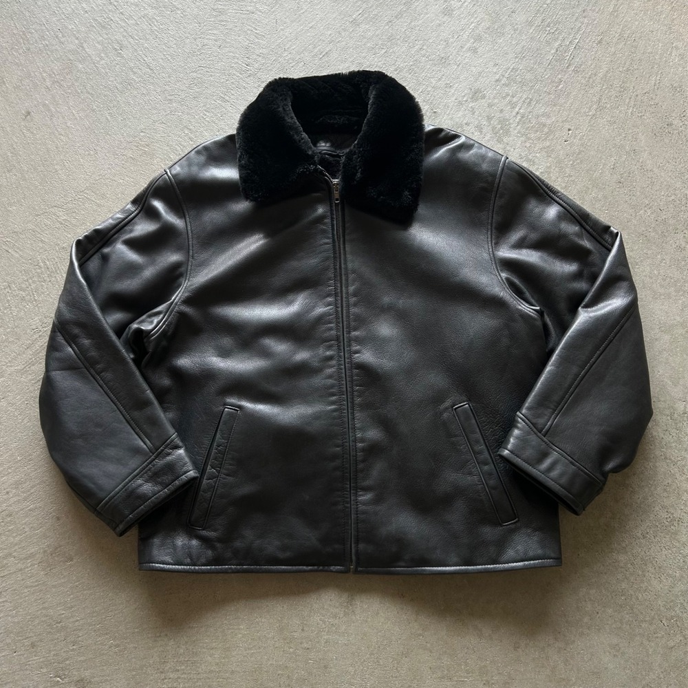 Vintage 80s Marcia Leather Flight Jacket Size XL Black Fur Lined Bomber Buckle